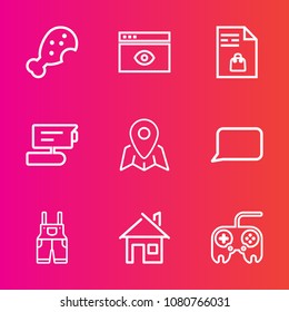 Premium set with outline vector icons. Such as window, video, architecture, camera, bubble, template, estate, work, list, grocery, speech, location, map, home, chicken, button, browser, snack, fast