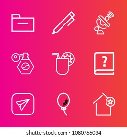Premium set with outline vector icons. Such as paperwork, data, beauty, house, message, space, cocktail, note, glass, drink, favorite, home, juice, apartment, paper, pump, email, balloon, bottle, old