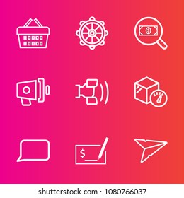Premium set with outline vector icons. Such as weight, retail, ship, email, pen, technology, check, business, loudspeaker, megaphone, cell, marine, talk, purchase, basket, web, telephone, wheel, helm