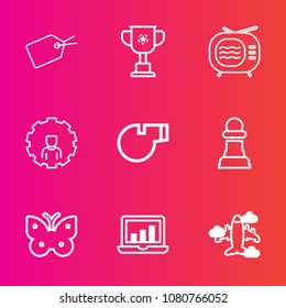 Premium set with outline vector icons. Such as label, discount, object, wing, sale, travel, cup, web, laptop, competition, tv, price, game, sign, aircraft, nature, account, video, fly, strategy, chess