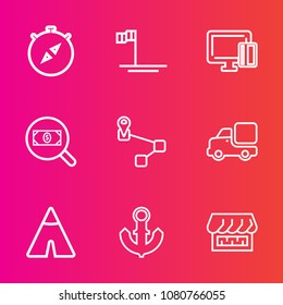 Premium set with outline vector icons. Such as shopping, find, transportation, blue, ocean, direction, business, search, mexico, baja, travel, view, nature, north, south, payment, lorry, east, card