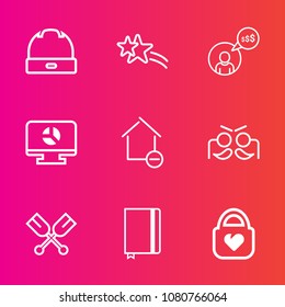 Premium set with outline vector icons. Such as house, leather, cap, falling, apartment, person, hat, work, paper, fashion, backdrop, freelancer, bag, business, shiny, home, abstract, celebration, star