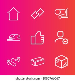 Premium set with outline vector icons. Such as box, glass, water, sign, interface, hat, modern, element, web, packaging, destination, position, real, internet, construction, building, product, account