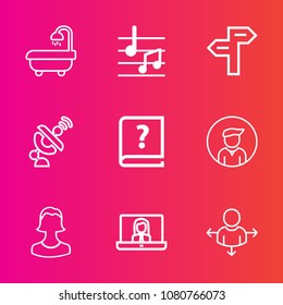 Premium set with outline vector icons. Such as place, modern, paper, communication, old, video, business, profile, global, way, street, style, home, road, musical, sink, music, pen, bathroom, house