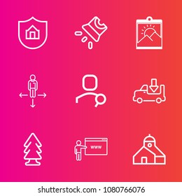 Premium set with outline vector icons. Such as computer, protection, property, movie, web, go, screen, white, film, place, forest, sign, blank, photo, building, landscape, projector, video, projection