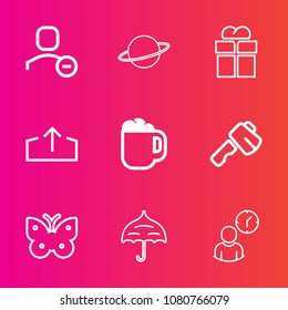 Premium set with outline vector icons. Such as wing, coffee, pictogram, screwdriver, package, construction, protection, nature, hour, web, open, business, umbrella, tool, drink, present, hammer, axe