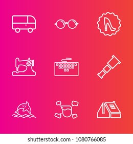Premium set with outline vector icons. Such as travel, road, technology, night, telescope, home, view, computer, eye, eyeglasses, male, city, bus, sewing, street, boy, nature, sew, sky, construction