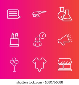 Premium set with outline vector icons. Such as war, clock, work, girl, message, web, army, fan, ventilator, time, shop, education, cooler, technology, internet, speaker, pencil, air, sound, stationery