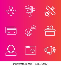 Premium set with outline vector icons. Such as meeting, professional, freelancer, direction, center, place, debit, team, freelance, file, money, folder, business, card, support, plastic, movie, voice