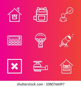 Premium set with outline vector icons. Such as estate, supermarket, internet, travel, closed, complete, helicopter, back, business, home, real, bag, sign, fashion, customer, cart, calculator, food