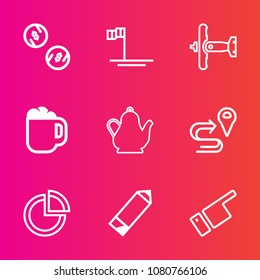 Premium set with outline vector icons. Such as mug, coffee, navigation, cortes, pie, sea, map, drink, direction, chart, military, presentation, finance, sea of cortes, cafe, bank, kitchen, beach, tea