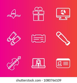 Premium set with outline vector icons. Such as package, box, vision, sound, infographic, internet, cello, violoncello, communication, beach, wave, sea, entertainment, search, giftbox, name, ocean, id