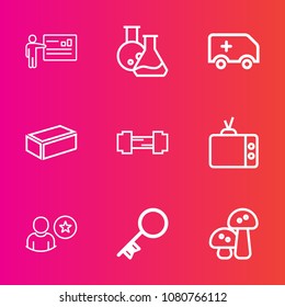 Premium set with outline vector icons. Such as edible, car, tv, door, food, lab, businesswoman, gym, screen, medical, meeting, television, emergency, ambulance, house, mushroom, security, medicine