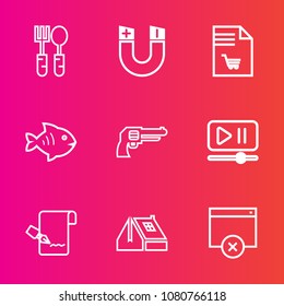 Premium set with outline vector icons. Such as market, construction, roof, paper, handgun, pen, document, home, gun, interface, house, knife, button, notebook, sign, pole, list, seafood, magnet, north