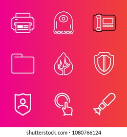 Premium set with outline vector icons. Such as telephone, computer, funny, blank, hand, eye, war, protection, stationary, falling, style, business, alien, nuclear, shield, bomb, click, folder, file