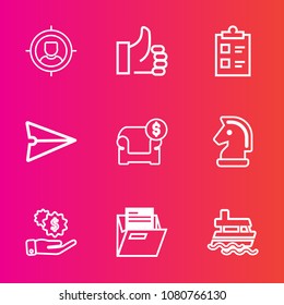 Premium set with outline vector icons. Such as message, list, businessman, ship, email, furniture, blank, strategy, mark, tick, hand, thumb, success, communication, dollar, marketing, group, ocean, up