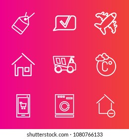 Premium set with outline vector icons. Such as travel, communication, appliance, fahrenheit, housework, washer, sign, message, mobile, paper, airplane, sale, element, scale, label, price, talk, dump