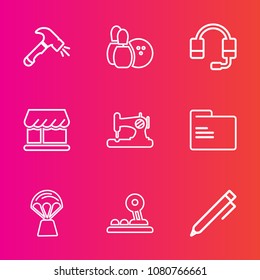 Premium set with outline vector icons. Such as button, pen, hot, shovel, equipment, write, balloon, support, sport, craft, folder, bowling, ball, air, white, microphone, pencil, recreation, sky, shop