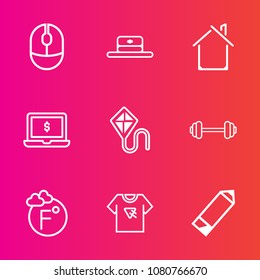Premium set with outline vector icons. Such as joy, thermometer, fahrenheit, pencil, estate, laptop, head, scale, summer, object, workout, print, computer, typography, gym, kite, building, pen, cap