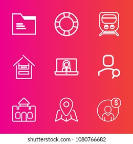 Premium set with outline vector icons. Such as tower, communication, money, map, float, object, account, blank, accounting, technology, store, train, folder, swim, video, internet, cart, architecture