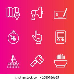 Premium set with outline vector icons. Such as food, pen, index, map, south, yacht, dinner, speaker, ocean, button, location, web, message, sea, hand, north, megaphone, navigation, loud, hammer, tool