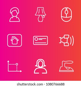 Premium set with outline vector icons. Such as cheque, desk, light, geometry, electric, iron, young, bulb, housework, ironing, lamp, payment, profile, table, girl, woman, furniture, male, clothes