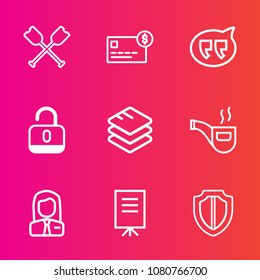 Premium set with outline vector icons. Such as pipe, card, employer, sport, employee, chat, technology, canoe, sea, paddle, boat, water, oar, data, shield, meeting, businessman, security, lock, cash