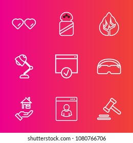 Premium set with outline vector icons. Such as style, law, sign, mineral, white, cooking, spice, courthouse, glasses, modern, salt, vision, sun, house, sunglasses, tree, forest, profile, justice, rent