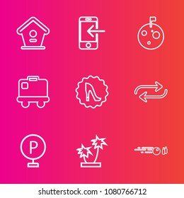 Premium set with outline vector icons. Such as circle, strike, vehicle, hobby, mobile, home, replace, money, planet, internet, sport, road, luggage, baggage, bag, tropical, palm, box, bird, flag, car