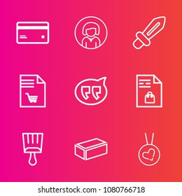 Premium set with outline vector icons. Such as supermarket, brush, young, message, necklace, lady, beauty, paintbrush, shopping, plastic, paint, love, buy, material, sword, bank, money, girl, battle