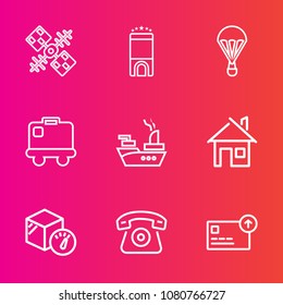 Premium set with outline vector icons. Such as communication, earth, bag, service, baggage, antenna, luggage, system, global, airport, parachuting, holiday, bed, travel, satellite, currency, box, cash