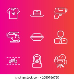 Premium set with outline vector icons. Such as pistol, video, poster, employer, t-shirt, game, cap, style, office, bike, gun, burger, center, transport, job, helicopter, fashion, sky, white, element