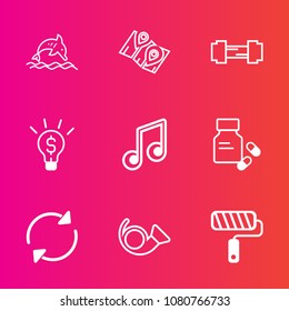 Premium set with outline vector icons. Such as exercise, nature, bugle, fitness, navigation, idea, pin, concept, gps, vitamin, medical, reload, refresh, health, tool, jump, music, ocean, musical, blue