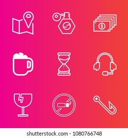 Premium set with outline vector icons. Such as call, hourglass, sign, microphone, headset, road, mug, city, hook, no, pump, liquid, beauty, bottle, gps, location, shattered, fish, money, tobacco, time