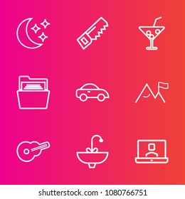 Premium set with outline vector icons. Such as equipment, internet, folder, astronomy, taxi, moon, communication, paper, video, drill, drink, cold, faucet, nature, construction, office, white, glass