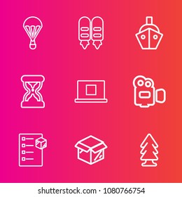 Premium set with outline vector icons. Such as box, glass, container, , cargo, sport, new, boat, parachuting, sky, timer, checklist, air, extreme, transportation, hourglass, ship, unpacking, profile