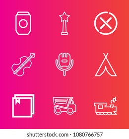 Premium set with outline vector icons. Such as tent, stop, microphone, karaoke, packaging, star, sign, file, prize, song, metal, web, camp, cello, tipper, musical, success, container, food, canned, no