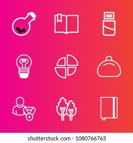 Premium set with outline vector icons. Such as electricity, connector, nature, medicine, forest, notebook, library, open, electric, education, page, equipment, laboratory, usb, cable, fashion, tool