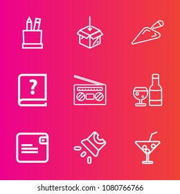 Premium Set With Outline Vector Icons. Such As Audio, School, Paper, Package, Record, Drink, Cocktail, Purse, Red, Equipment, Screen, Music, Old, White, Box, Dollar, Stationery, Business, Money, Juice