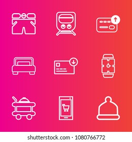 Premium set with outline vector icons. Such as currency, app, head, railway, technology, time, clock, station, transport, bed, train, double, hotel, transportation, fashion, food, watch, online, room