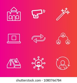 Premium set with outline vector icons. Such as person, refresh, concept, ball, hierarchy, wand, structure, technology, screen, weapon, kingdom, substitute, sign, magic, wizard, construction, military
