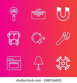 Premium set with outline vector icons. Such as laptop, transport, oven, technology, kitchen, look, moon, science, sign, lamp, magnifying, speed, electricity, keyboard, equipment, internet, control, pc
