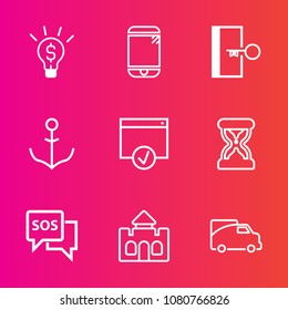 Premium set with outline vector icons. Such as tower, sos, timer, concept, emergency, van, wheel, idea, touchscreen, hour, sign, phone, communication, medieval, clock, time, page, ship, castle, rudder