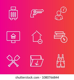 Premium set with outline vector icons. Such as rubbish, work, gun, military, weapon, travel, estate, business, tourism, property, water, paddle, revolver, clock, clothing, box, suitcase, removal, war