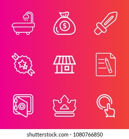 Premium set with outline vector icons. Such as safety, knight, cash, sword, blade, money, king, banking, house, business, medieval, office, bathroom, sink, finance, home, touch, financial, crown, hand