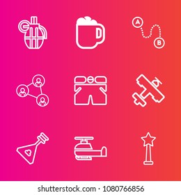 Premium set with outline vector icons. Such as cafe, aircraft, explosive, white, point, hot, aviation, screen, instrument, helicopter, musical, music, air, position, military, cup, coffee, drink, war