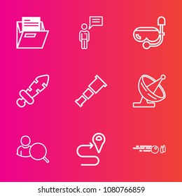 Premium set with outline vector icons. Such as location, route, map, web, technology, mask, water, folder, astronomy, file, empty, sky, office, antenna, sword, medieval, computer, sport, knight, dish