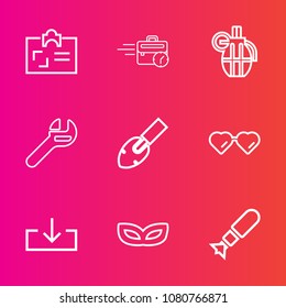 Premium set with outline vector icons. Such as identification, military, identity, name, nuclear, tool, falling, card, mask, hand, desk, business, sitting, internet, sign, repair, construction, sun