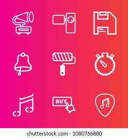 Premium set with outline vector icons. Such as player, equipment, ring, paint, roll, internet, camera, tool, repair, guitar, video, call, sound, diskette, white, button, gramophone, bell, lens, sign