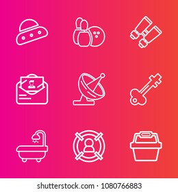 Premium set with outline vector icons. Such as spy, ball, sport, envelope, interior, target, basket, bathroom, old, concept, sign, marketing, vision, spacecraft, ufo, watch, search, mail, spaceship